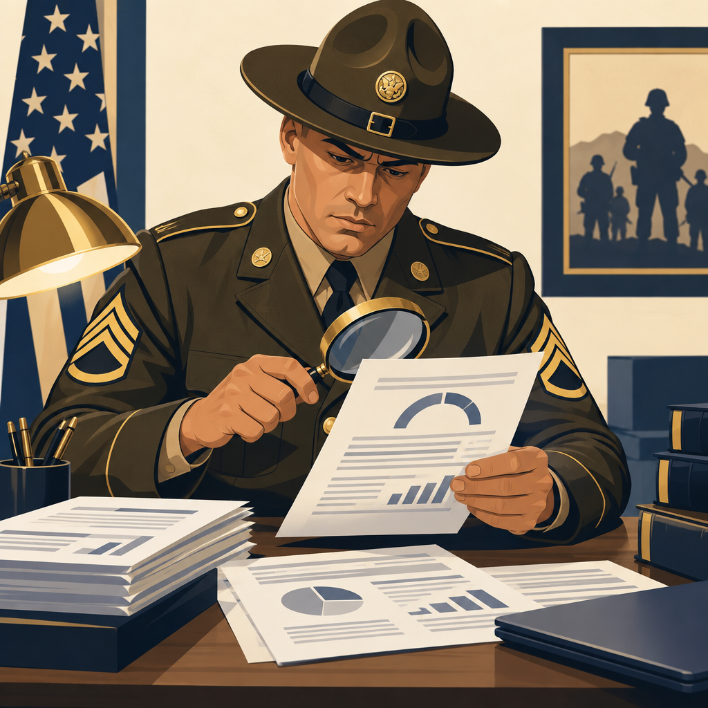 A drill sergeant reviewing credit reports with a magnifying glass